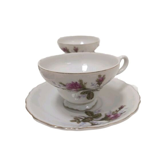 4 Tea Cup SET with Saucers Made In Japan Moss Rose Handpainted Porcelain VINTAGE - Picture 7 of 16